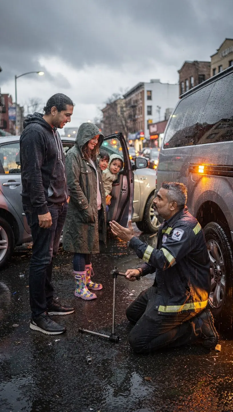 Wide view of a busy New York street with a mobile tire service technician assisting a stranded driver.